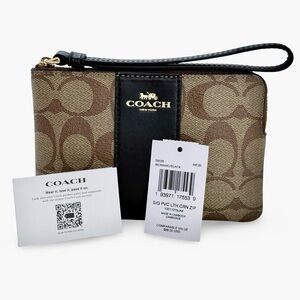 Coach Signature Wristlet NWT Khaki Brown Black Leather Trim Zip Pouch